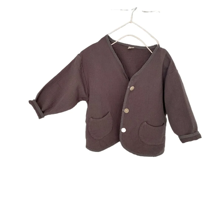 

2021 Spring New Japanese Style Boys and Girls Cotton Hemp Solid Color Cardigan Children's Short Jacket Infant Girls Casual Cloth