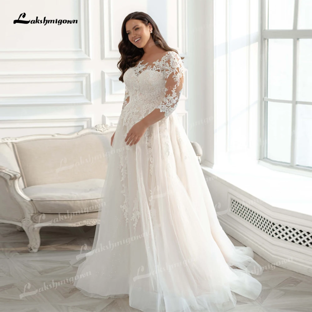 

2020 Eleagnt Plus Size Wedding Dress 3/4 Sleeves Glitter Tulle Lace Applique Vestido De Noiva Bride Dresses Big Size Women