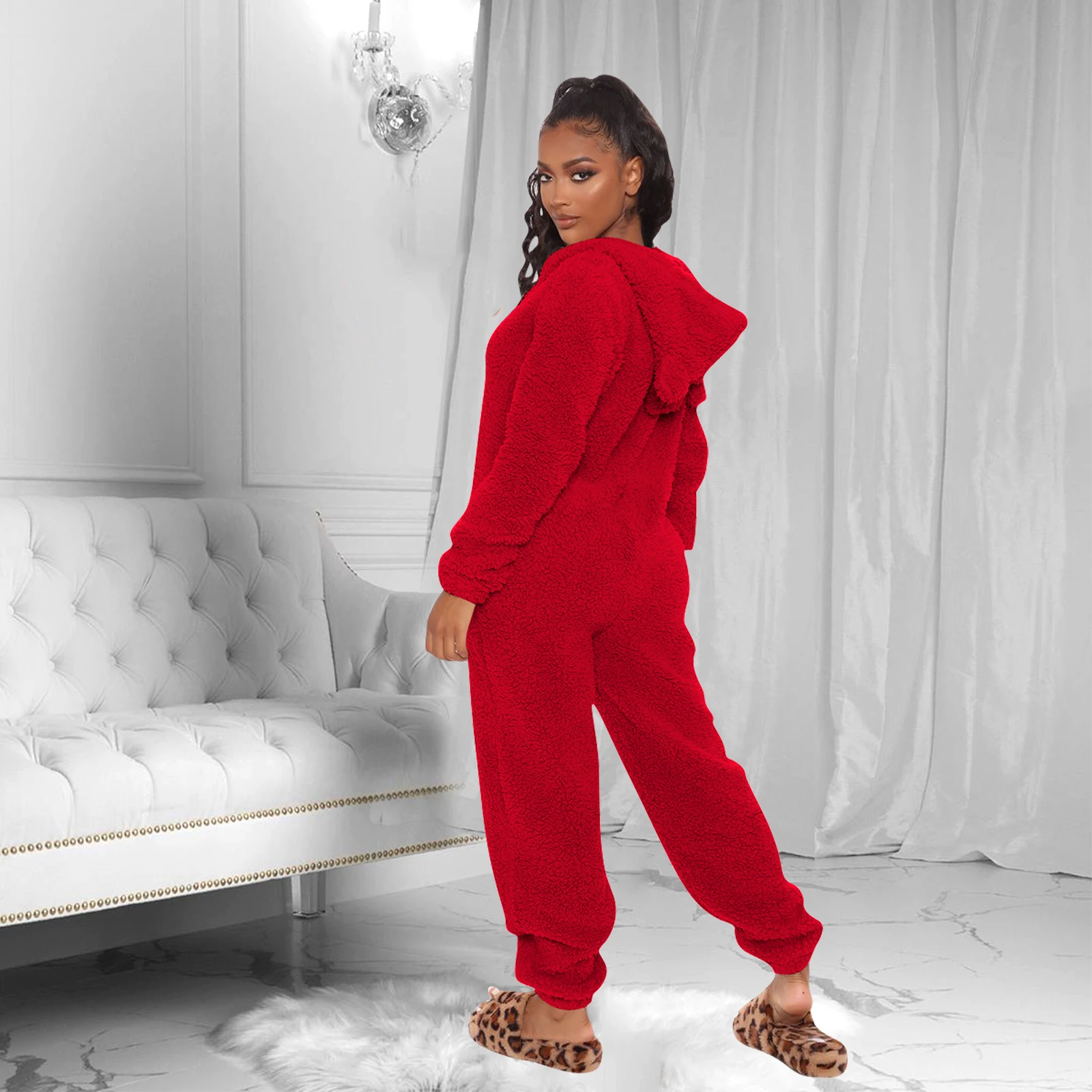 DEWADBOW Winter Warm Pyjamas Women Cute Fluffy Fleece Jumpsuits Sleepwear Overall Plus Size Hooded 1 piece Pajamas For Adults |