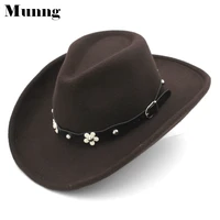 munng wool blend western cowboy cap church hat wide brim sombrero godfather cap jazz hat leather band with flower