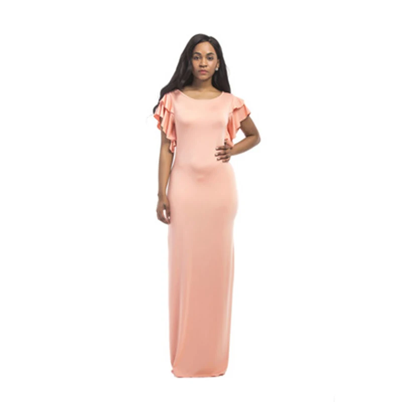 

Sexy Lady Dress Fashion Summer Long Slim Dress Round Neck Lotus Leaf Vestidos Solid Color Elegant L224