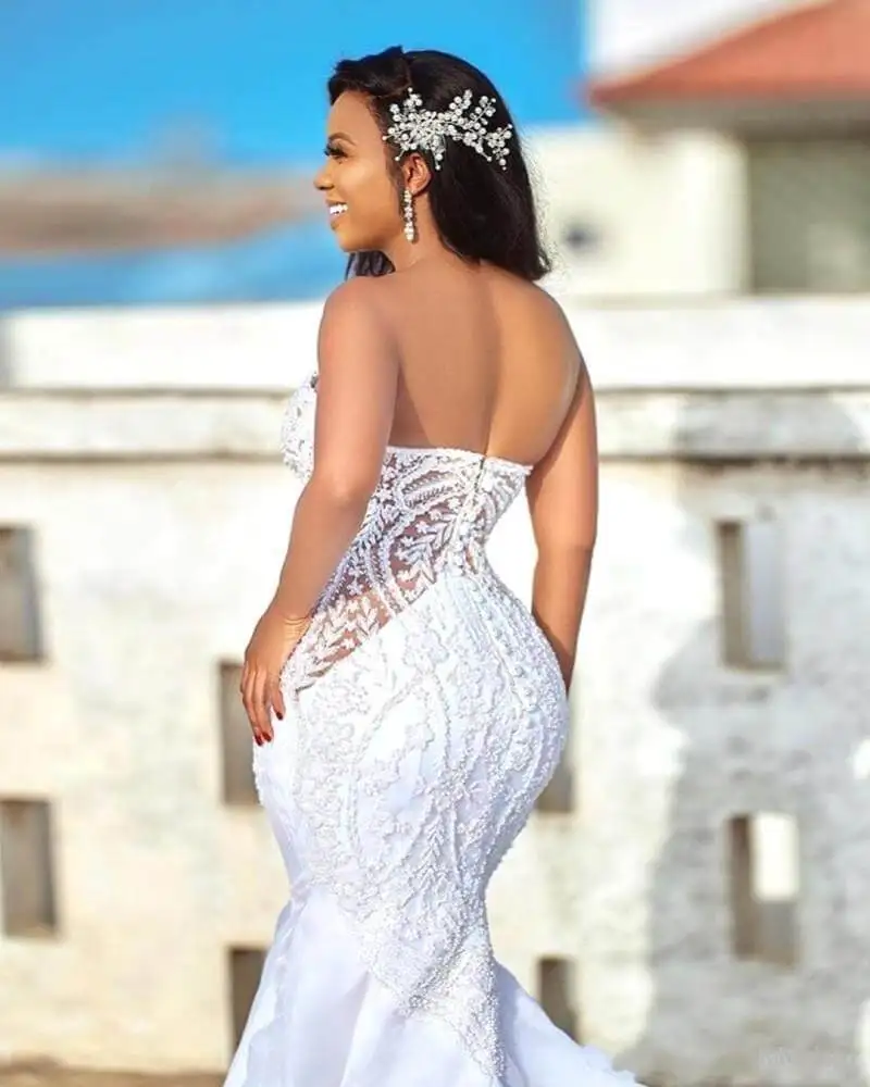 2020 African Plus Size Wedding Dress with Detachable Skirt Sweetheart Mermaid Wedding Gowns Appliqued Satin Bridal Dress