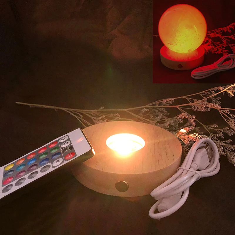 10pc Salt Lamp Wooden Lamp Base 10cm Round Touch Chargeable USB 3D Crystal Display Holder SAD Bedside Lamp Rock Salt Night Light
