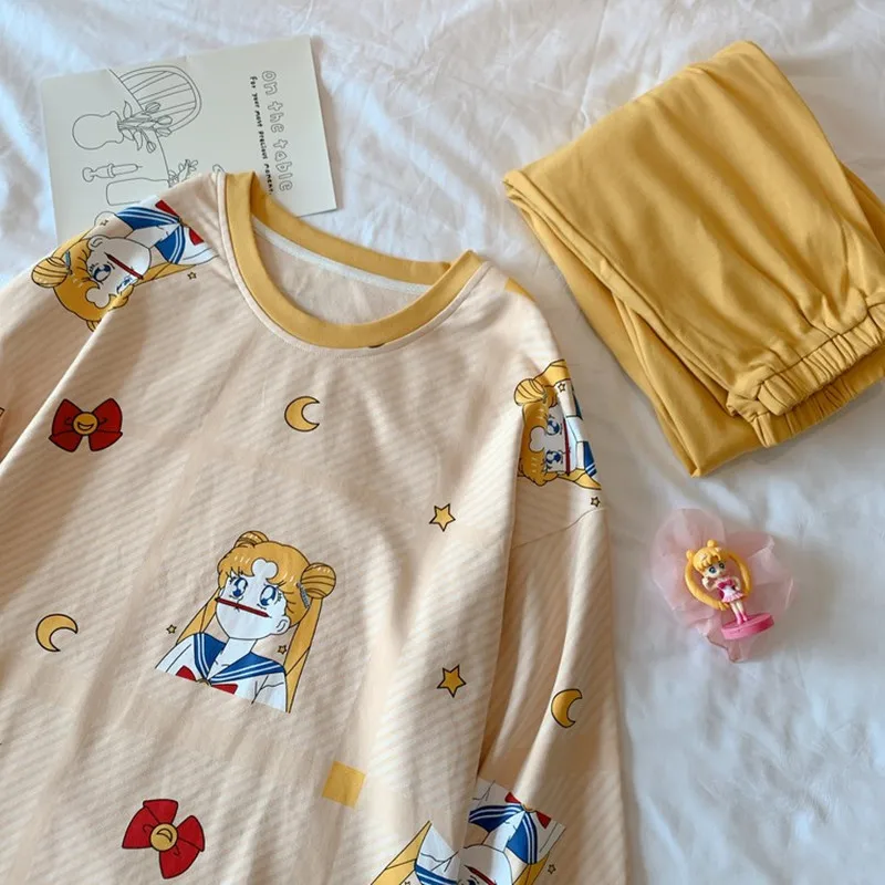 

Women Anime Sleepwear Japanese Sailor Moon Autumn Long Sleeve Shirts Long Pants Pajamas Cartoon Pijamas Female Girl Homewear