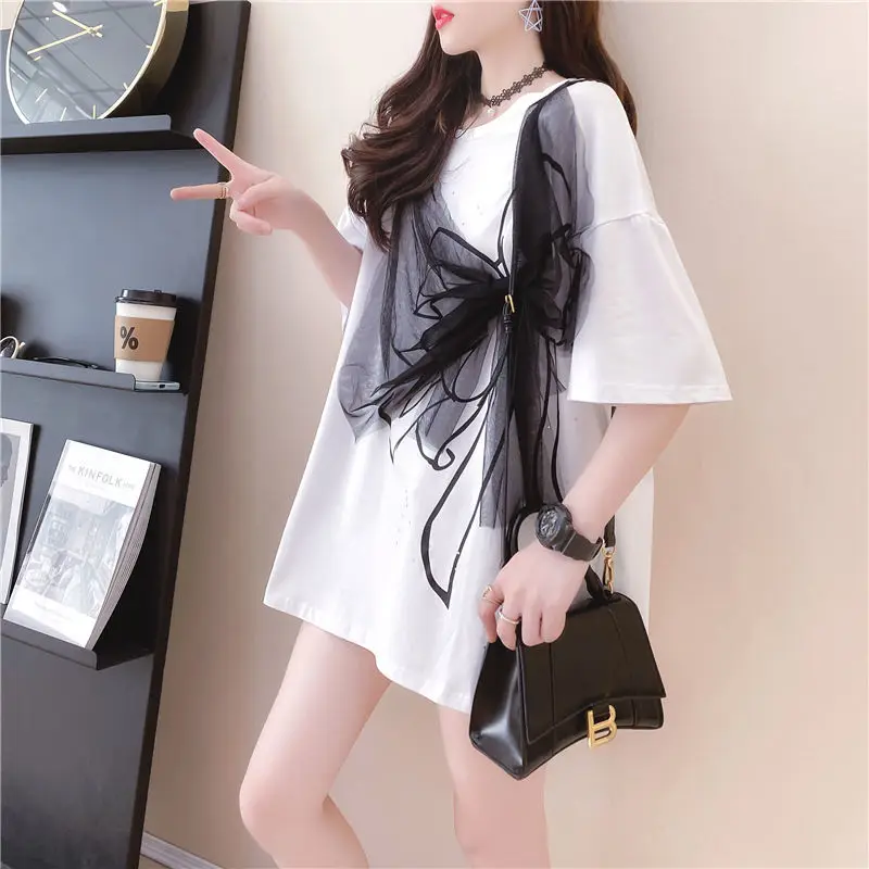 

Bowknot pink mesh short sleeve T-shirt pregnant women's top medium length base coat loose 2021 NEW
