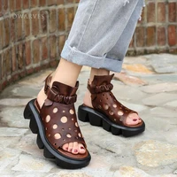 handmade leather light platform sandals for women mori girl style retro flip flops shoes coffeebrown