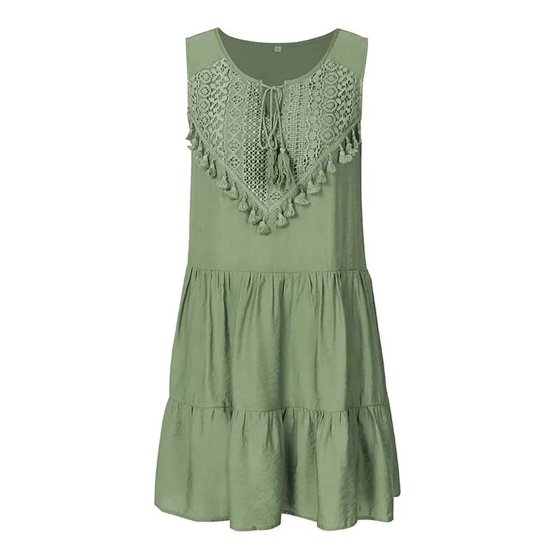 

Tassel Bandage Temperament Solid Color Splicing Women Dress Casual Loose V Neck Sleeveless Female Plus Size Dresses