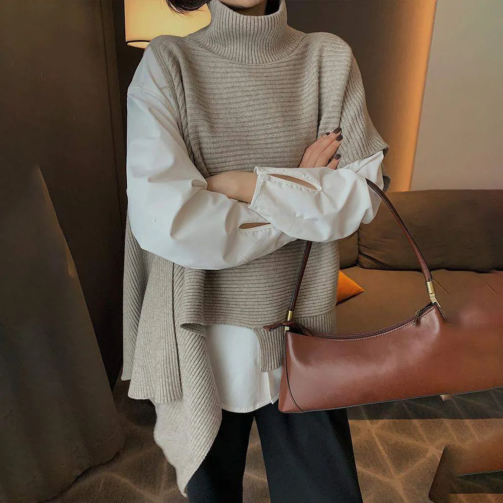 

Необычный вязаный свитер большого размера, свободный крой, водолазка без рукавов, женские пуловеры, новая мода, Осень-зима 2021 1Y663