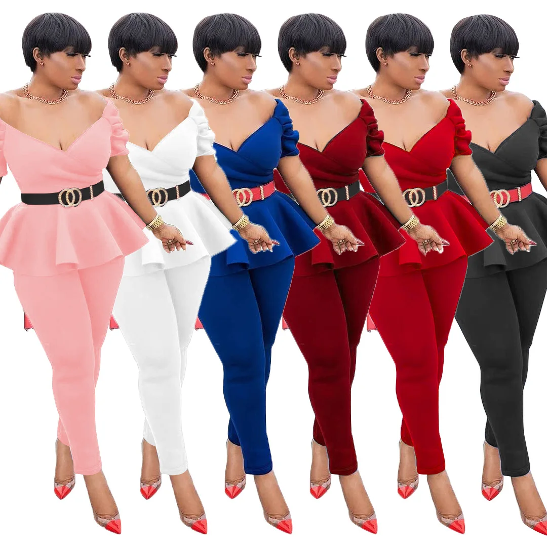 

Spring New Two Piece Set Women Fashion Commuter Office Wear Solid V-Neck Pleated Top and Pencil Pants Sexy Uniform Suit Women