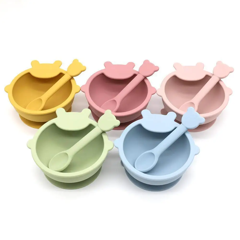 

New Silicone Baby Feeding Bowl Waterproof Toddler Tableware Bowl Dishes Plate Crockery Non-Slip Set with Portable Spoon 5 Color