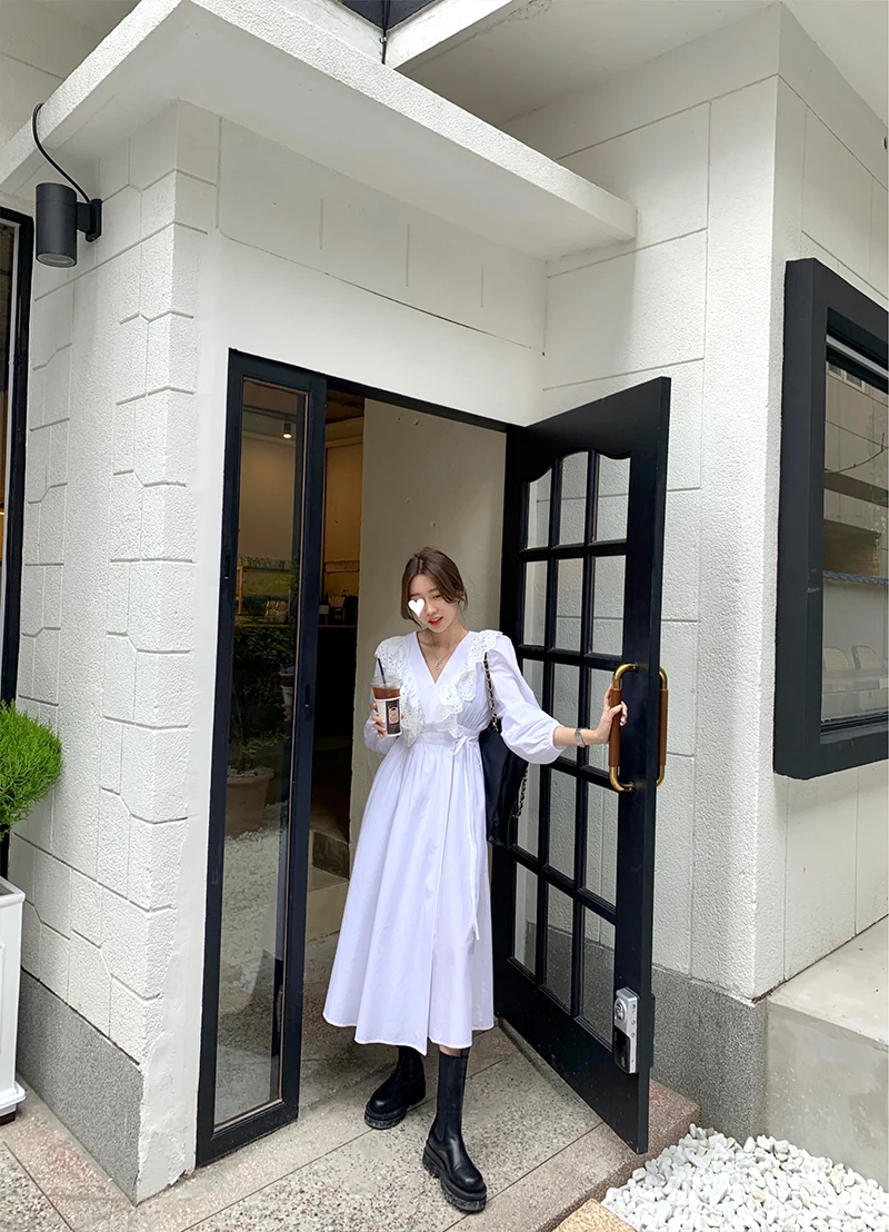 

long dress wind net red fashion temperament waist show thin white dress