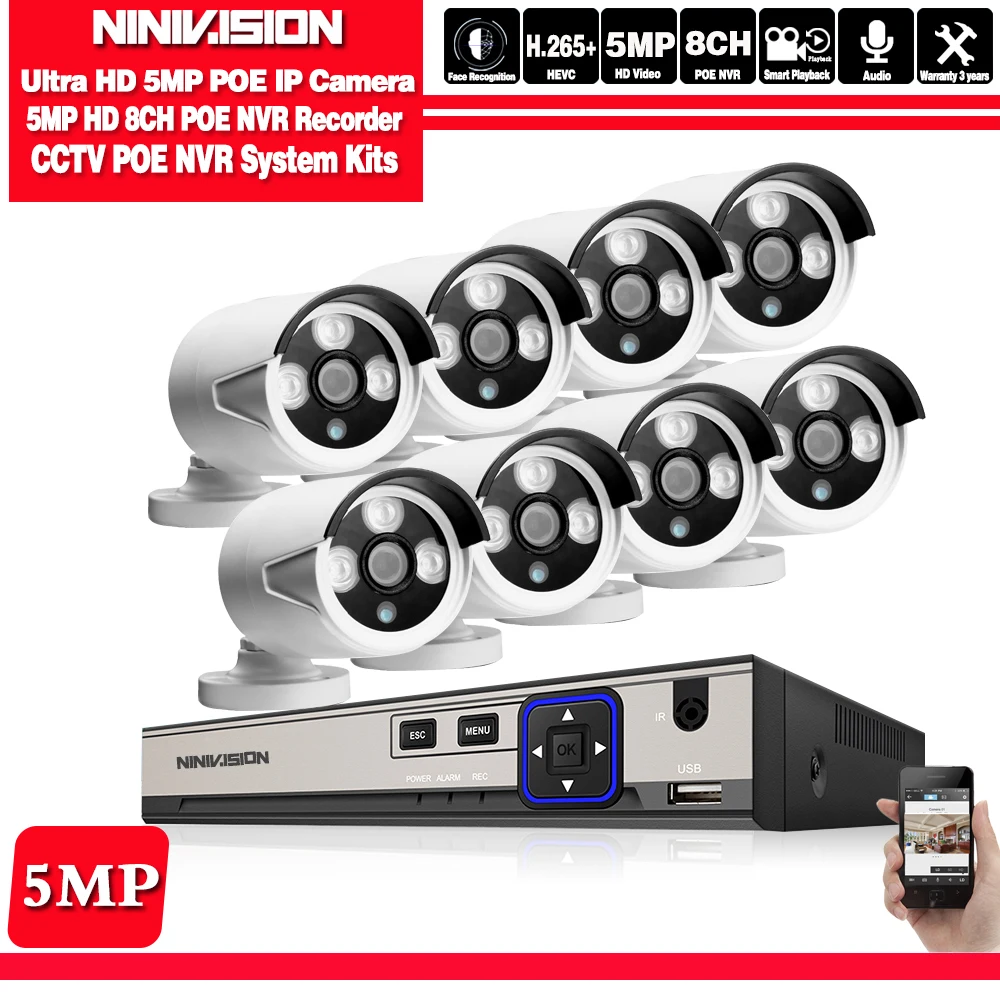 

H.265 8CH 5MP POE Audio Record Security Camera System Kit IP Camera IR Outdoor Waterproof CCTV Video Surveillance NVR Set