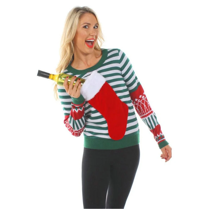 

Christmas Sweater For gift Santa Elf Funny Pullover Womens Sexy Slim Socks Patchwork Sweaters Tops Autumn Winter Clothing W4