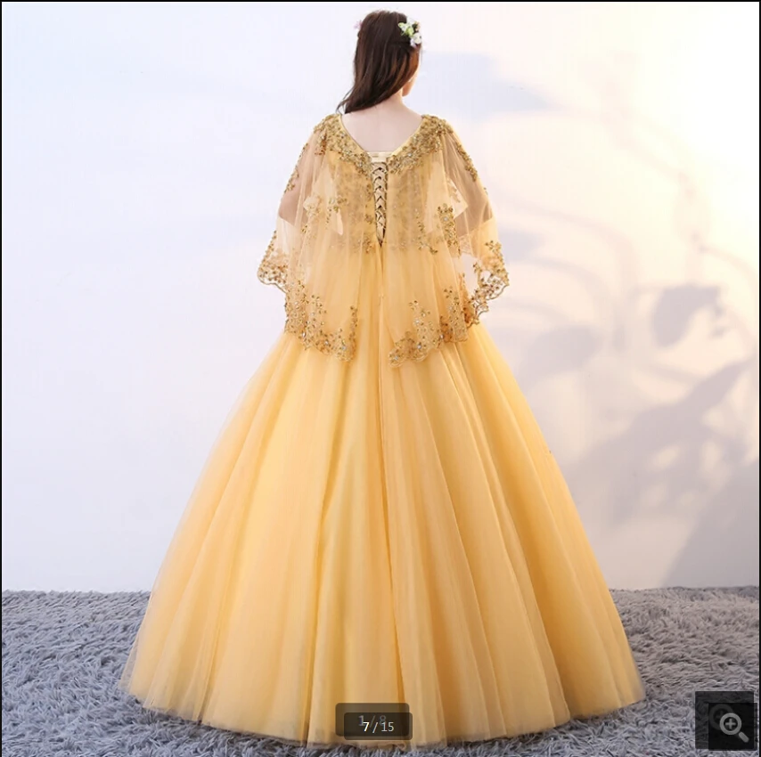 

Vestido De Festa gold tulle ball gown modest prom dresses beaded princess lace appliques with cape vintage party dress sweet 16