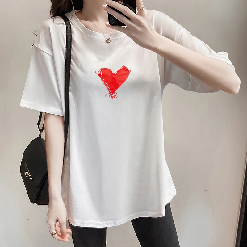 

Houthion Women's Oversized T-shirt Crop Top Simplicity Casual Loose All-match Love Print O-neck Summer New Fashion