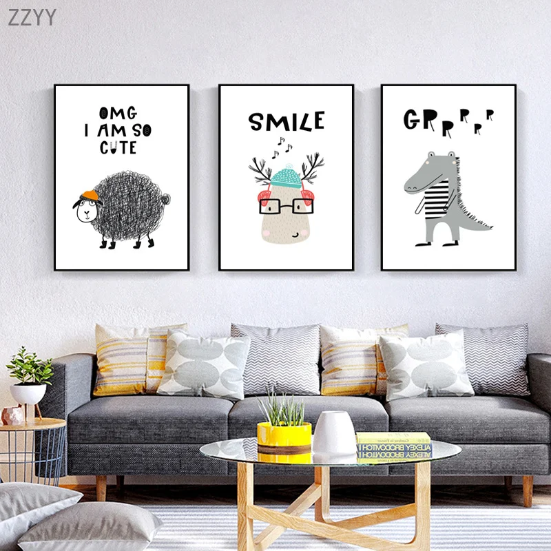 

Nordic Dolphin Sheep Bear Smile Quotes Letters Canvas Painting Cartoon Animal Wall Art Picture for Boy Bedroom Home Decoration