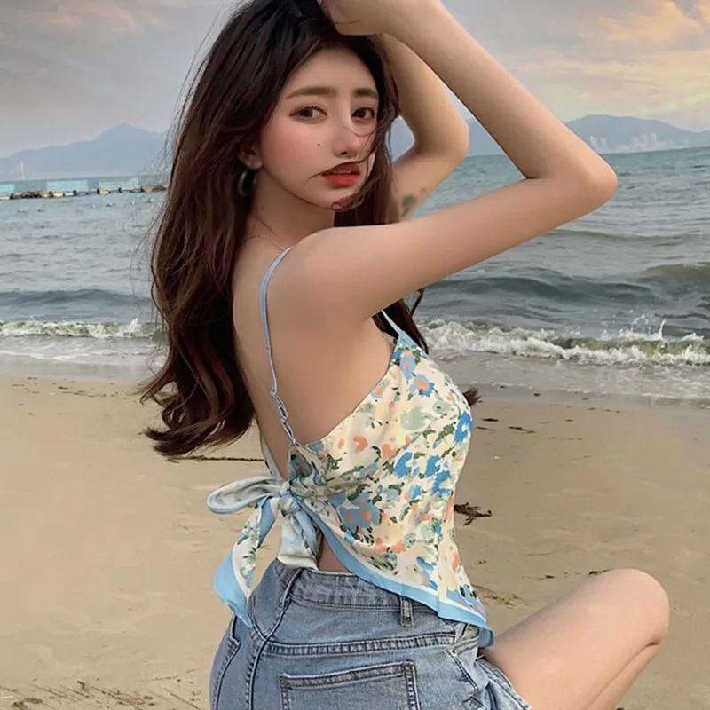 

Jlong Print Irregular Bow Backless Slim Sexy Holiday Style Camisole Crop Top