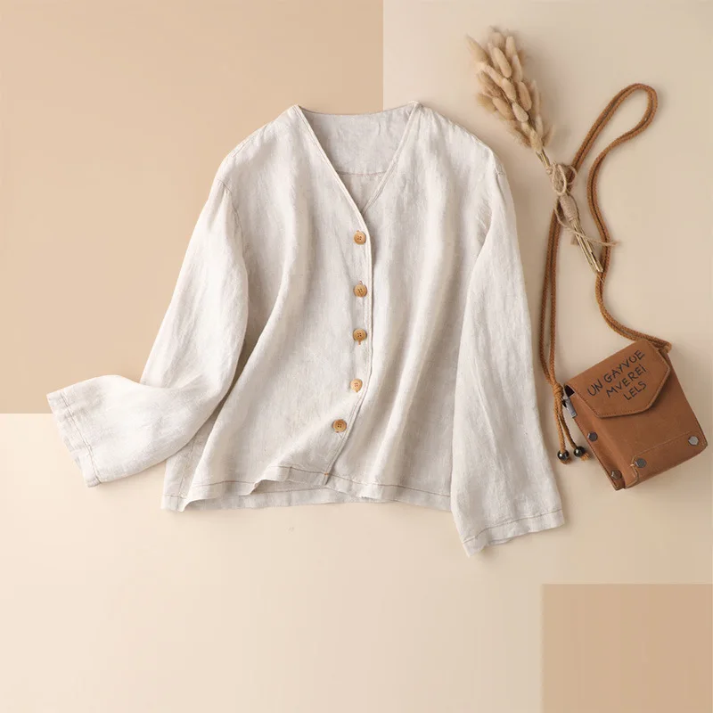 

Shuchan Long Sleeve Shirt Women V-Neck 100% Linen Casual Solid Button Up Shirt Tops Mujer 2021 Spring Summer
