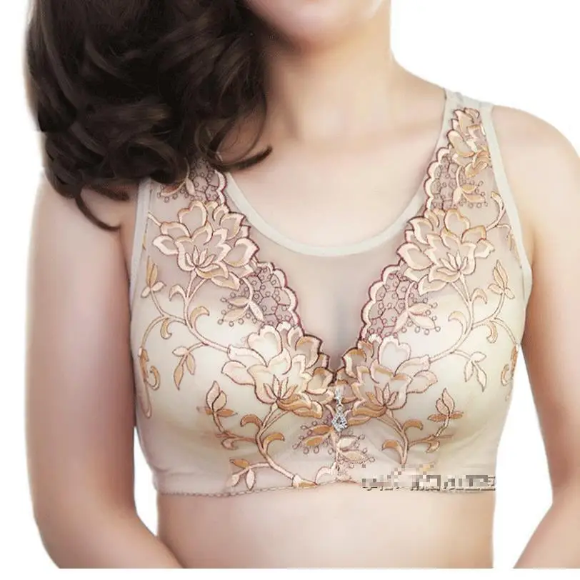 

New Sexy Mesh Lace Bra Purple Pink Beige V Girl Push Up Women Underwear Female Embroidered Vest Embroidery Floral Bras Brassiere