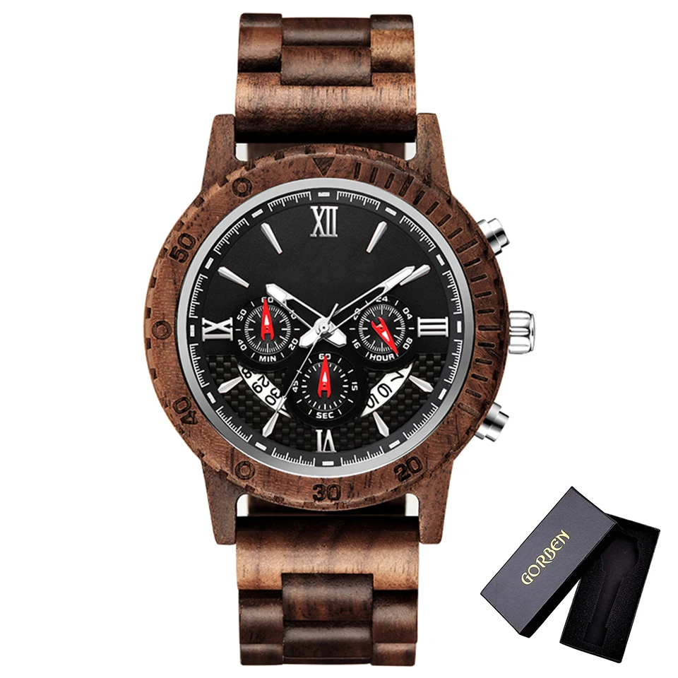 Часы наручные мужские с хронографом кварцевые Многофункциональные деревянным