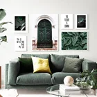 Винтажная Картина на холсте с изображением зеленых восточных ворот растений листьев, скандинавские плакаты и принты для гостиной