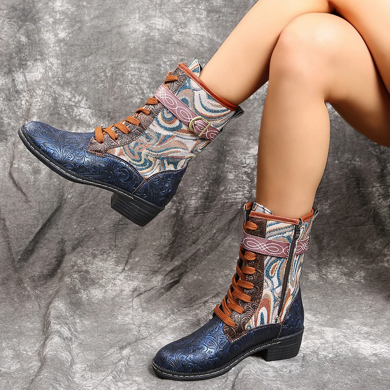 

2021 Autumn and Winter New Bohemian Short Boots Leather Thick with Ethnic Retro Round Toe Western Cowboy Boots Botas de mujer