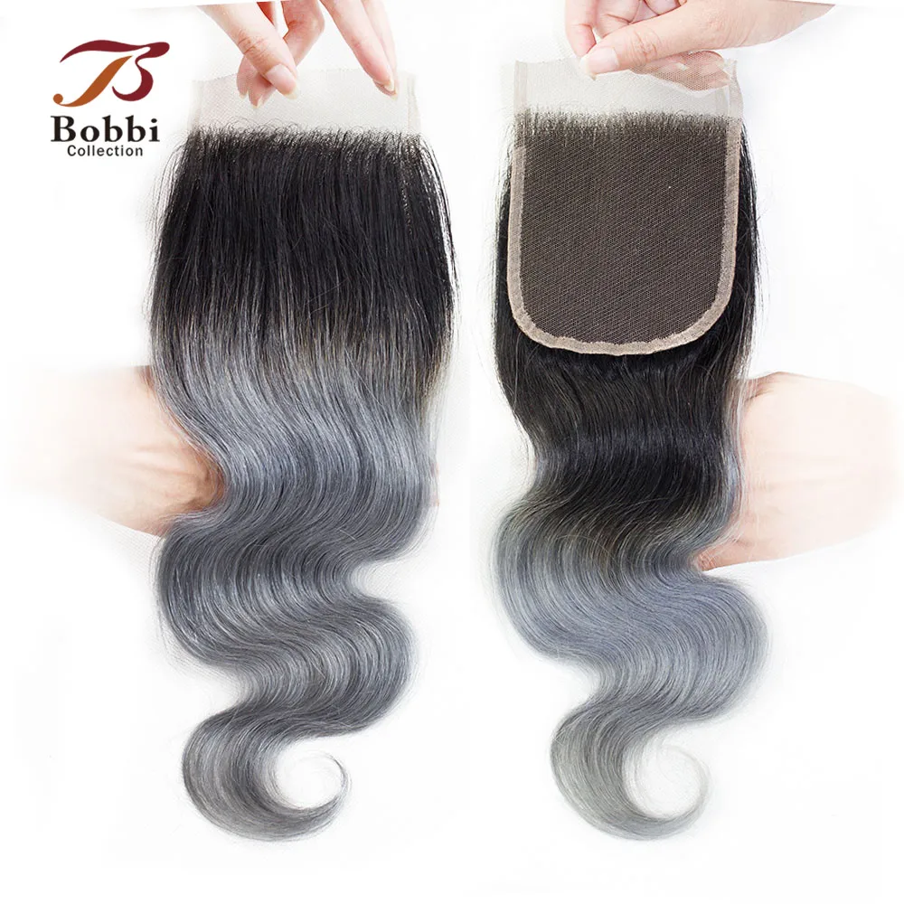 Bobbi Коллекция T 1B темно-серая 4x4 кружевная застежка бразильские волнистые волосы