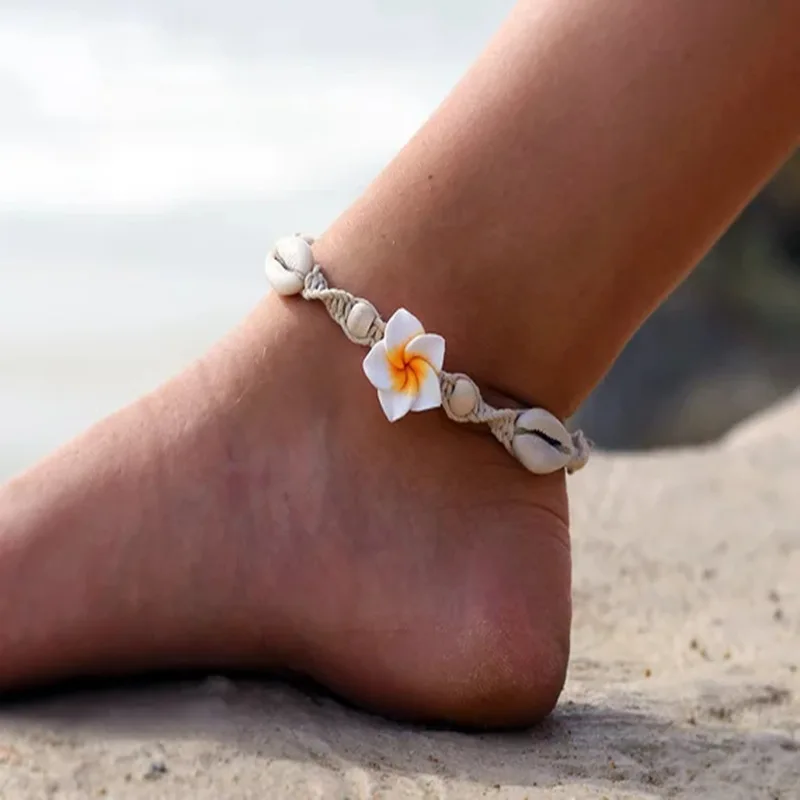 

Summer Beach Natural Seashell Anklets Handmade Weave Rope Chain Anklet For Women Bohemia Soft Clay Flowers Ankle Foot Jewelry