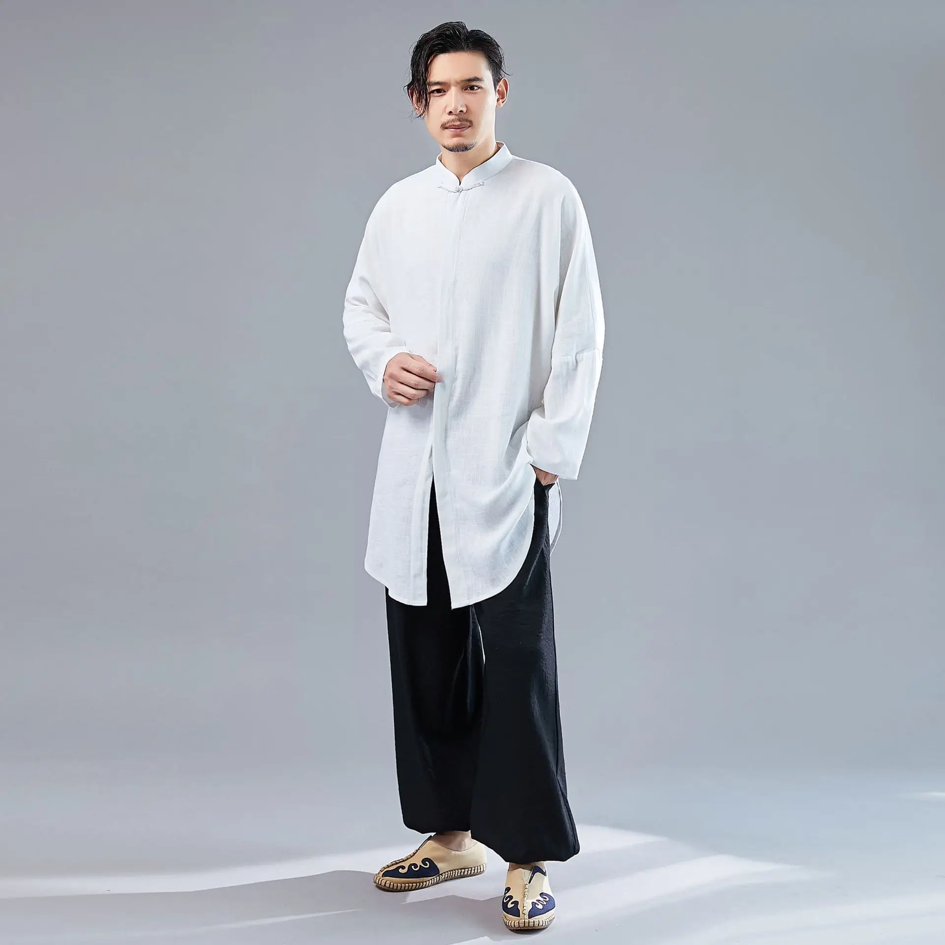 

New Chinese Style Arc Bat Shirt Men's Clothing Creative Retro Personality Cardigan Installed xiu xian kuan Linen Meditation