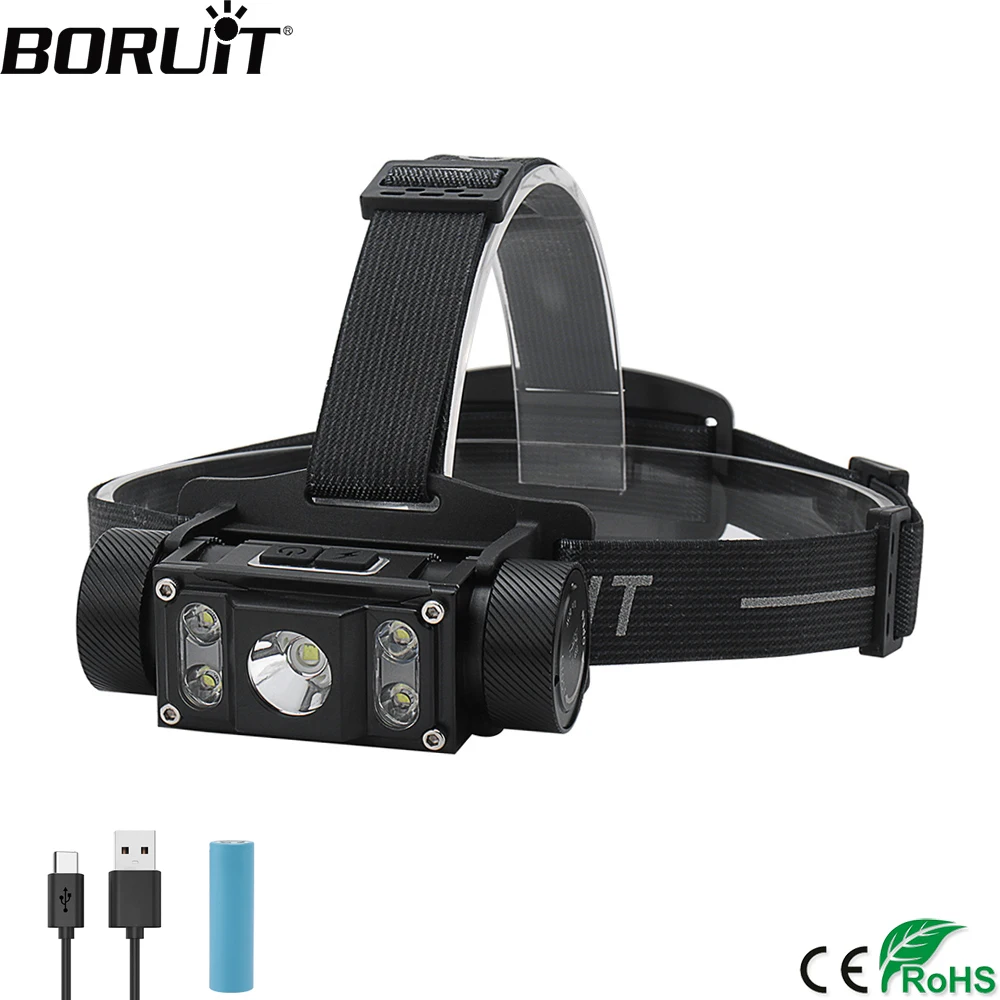 

BORUiT B50 LED Headlamp XM-L2+4*XP-G2 Max.6000LM Headlight 21700/18650 TYPE-C Rechargeable Head Torch Camping Hunting Flashlight