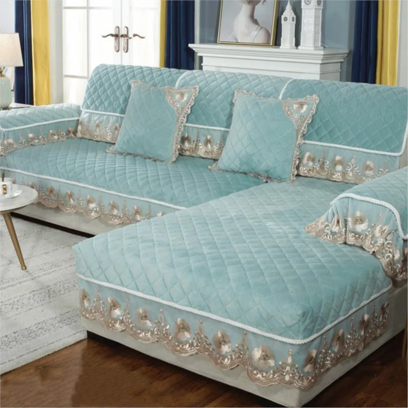 

Утолщенный плюшевый чехол для дивана с кристаллами, Европейское однотонное кружевное покрывало для дивана, наволочка для дивана, нескользя...