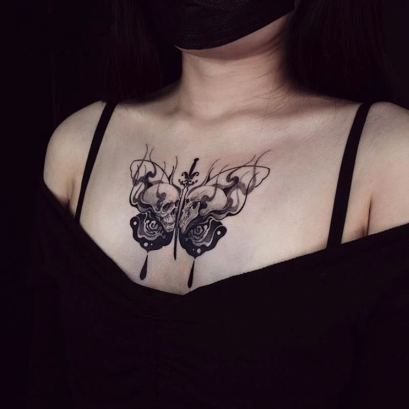 

Dark Chest Butterfly Skull Tattoo Stickers Sexy Tattoos for Women Personality Cool Temporary Tattoos Waterproof Tattoos Art Man