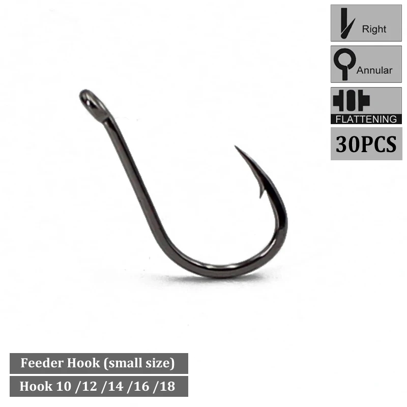 

30PCS Black Nickle Carp Hooks Barbed Carp Feeder Fishing Hook Forged Shank Ringed Right Bent Circle Hooks for Chod Rig Fishhooks
