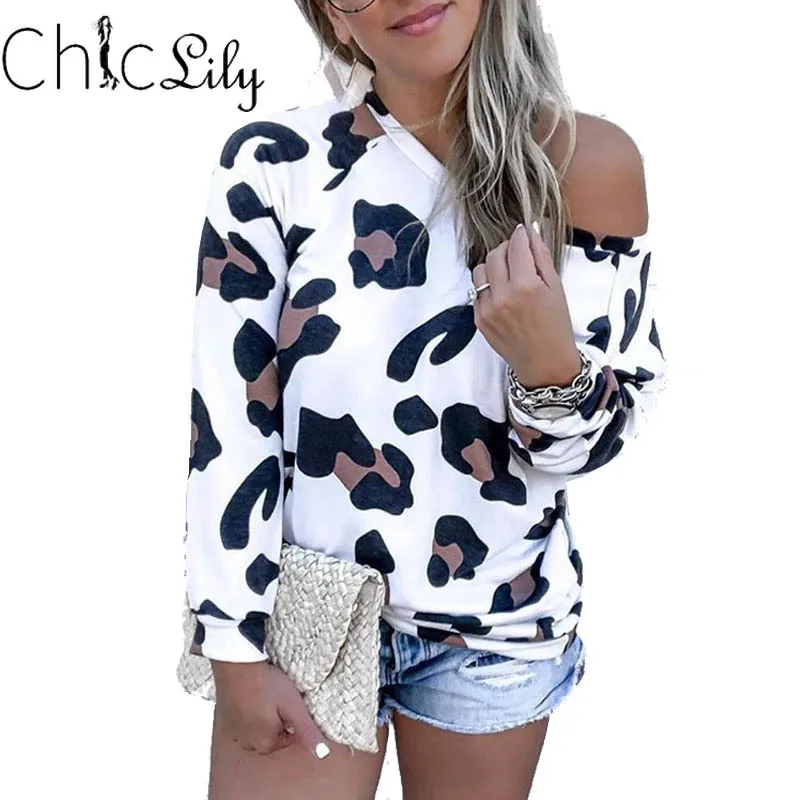 

Chiclily Fashion Leopard Print Long Sleeve Top Street Style Leopard Print Casual Loose Slash Neck T-Shirts