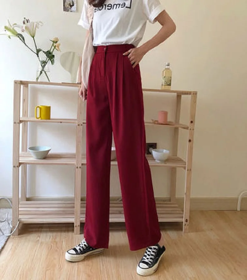 

Women Wide Leg Pants 2021 Summer Thin Fabric High Waist Pockets Button Fly Long Trousers Casual Bottoms All Match