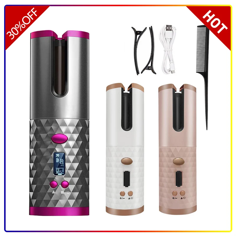 

Portable Wireless Automatic Curling Iron Hair Curler USB Rechargeable for LCD Display Curly Machine with 1 Comb+2pc Clips