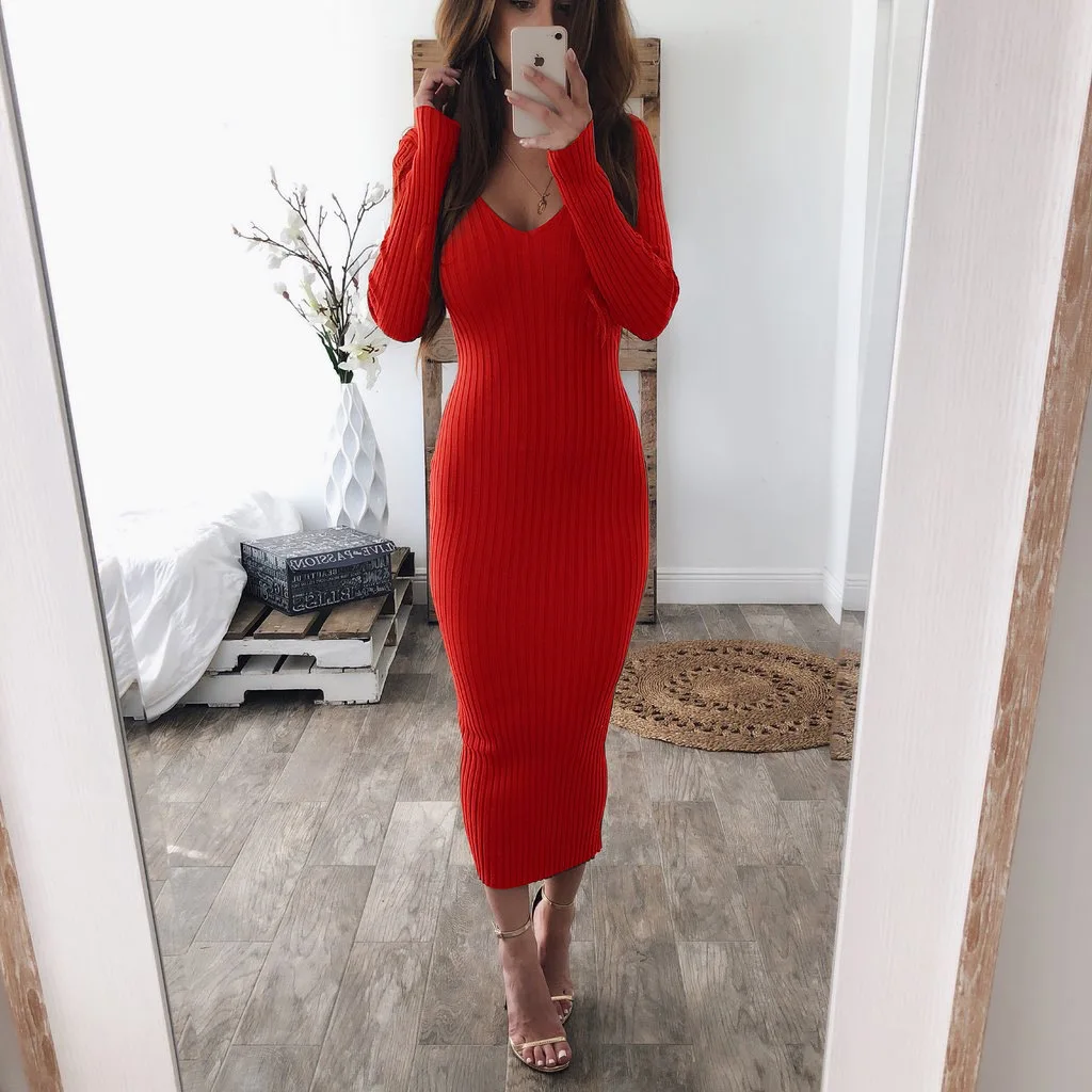 

Front Fair Long-sleeved V-neck Tight-fitting Ribbed Knit Solid Color Dress Women's Fall/Winter 2021 Sexy Casual Mini Skirt