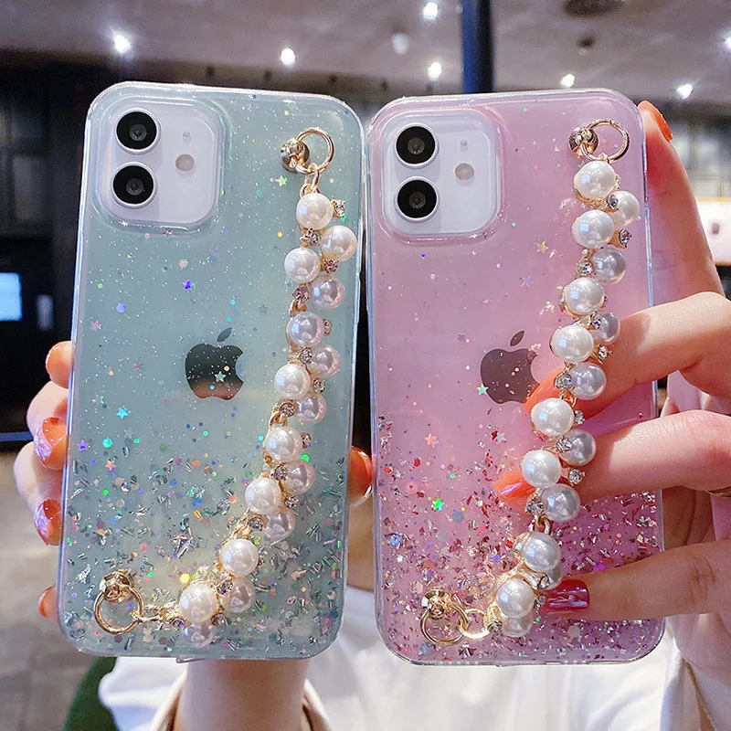 

For iPhone 11 12 13 Pro Max Phone Case Glitter Pearl Chain Phone Case For iPhone 11 12 13 XR XS 7 8 Plus X Wrist Band Soft Cover