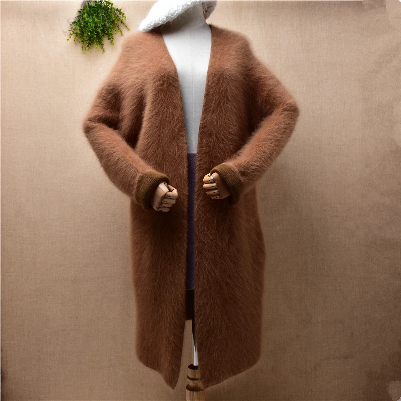 

female women winter clothing thick warm mink cashmere knitted long sleeves loose long sweater cardigan angora fur jacket coat