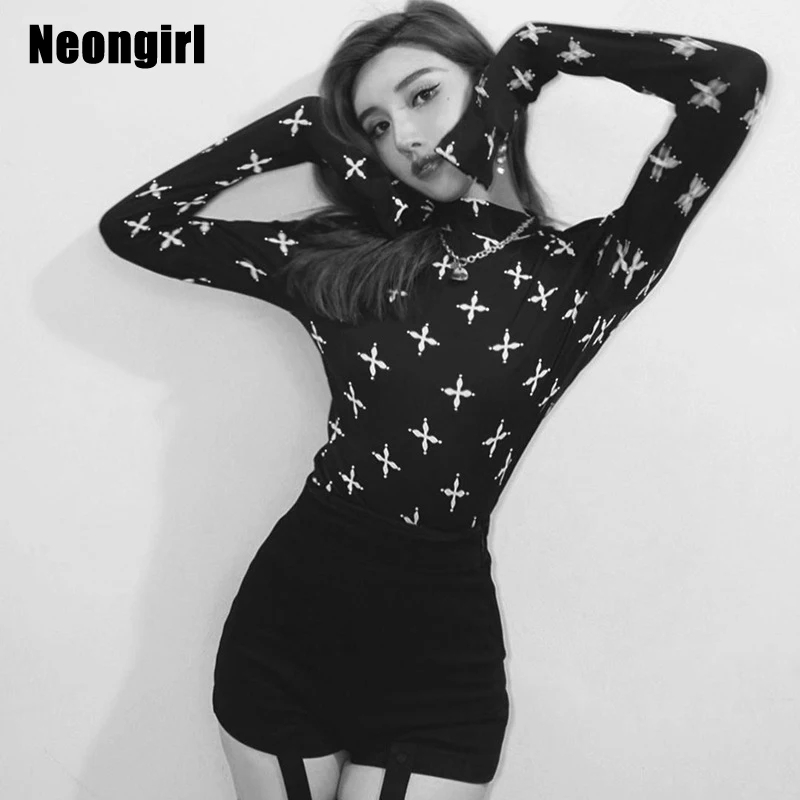 

Neongirl Black Bodysuits Gothic Cross Print Women 2022 Spring New Arrivals Skinny Sexy Beautiful Tees Mock Neck Basic Tops