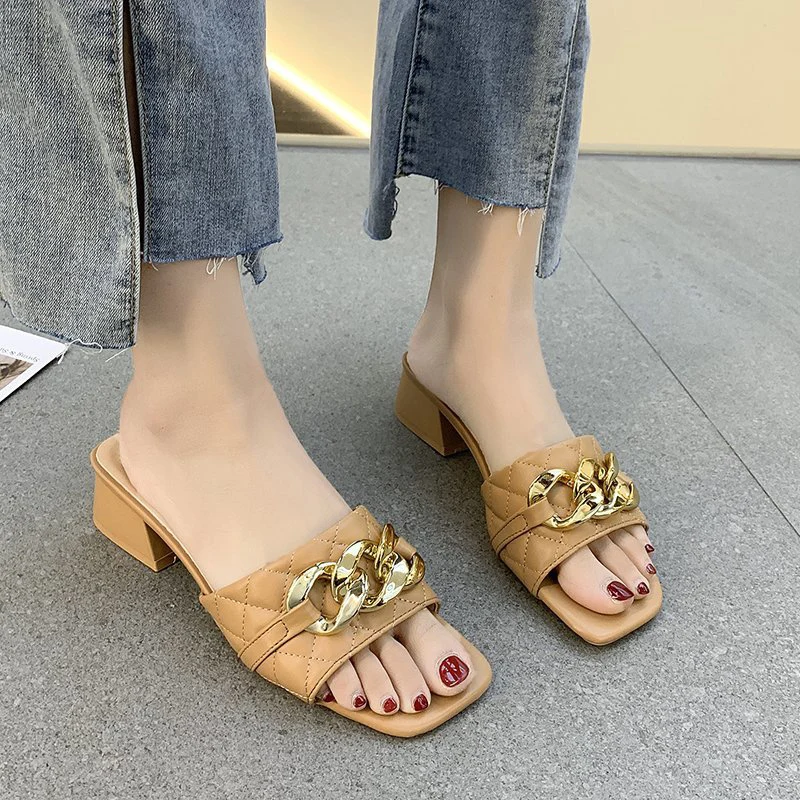 

Shoes Slippers Casual Square heel Med Slipers Women Slides Luxury Block Summer 2021 Soft Scandals Rubber Hoof Heels Rome PU