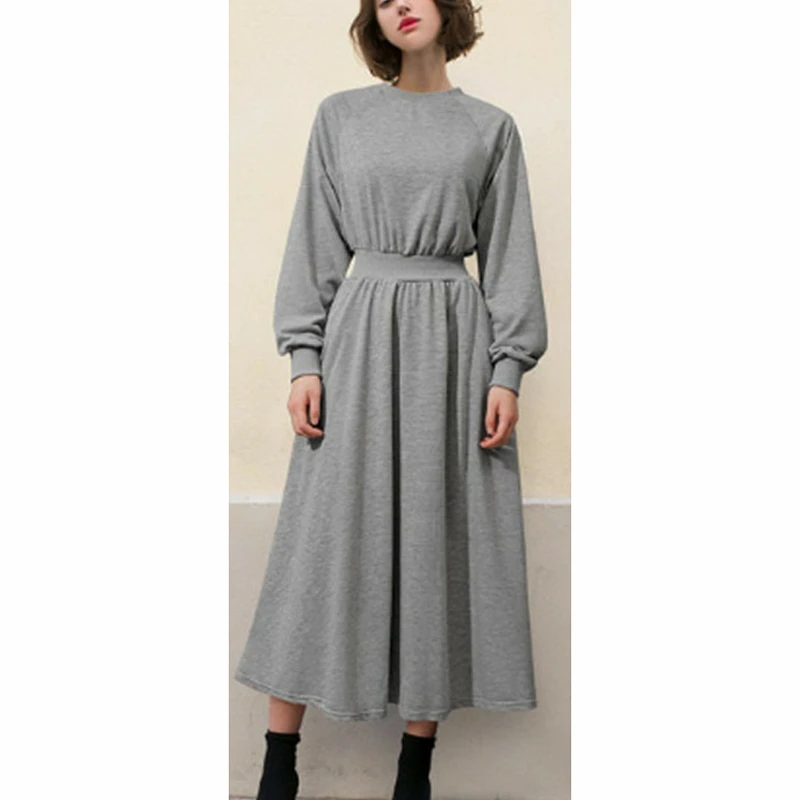 

2020 Women Spring Dresses Elegant Solid High Elastic Waist New Casual Female Spring Fashion Long Sleeve Plus Velvet Warm Dress