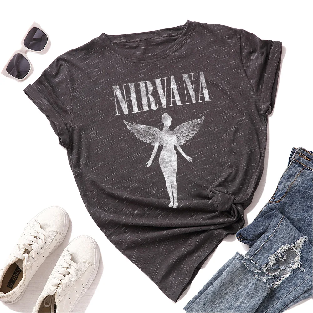 

Woman T-shirts 2020 Summer Women Tshirt Nirvana Print Short Sleeve Tees Streetwear Tops Ladies Harajuku Angel Plus Size T Shirt