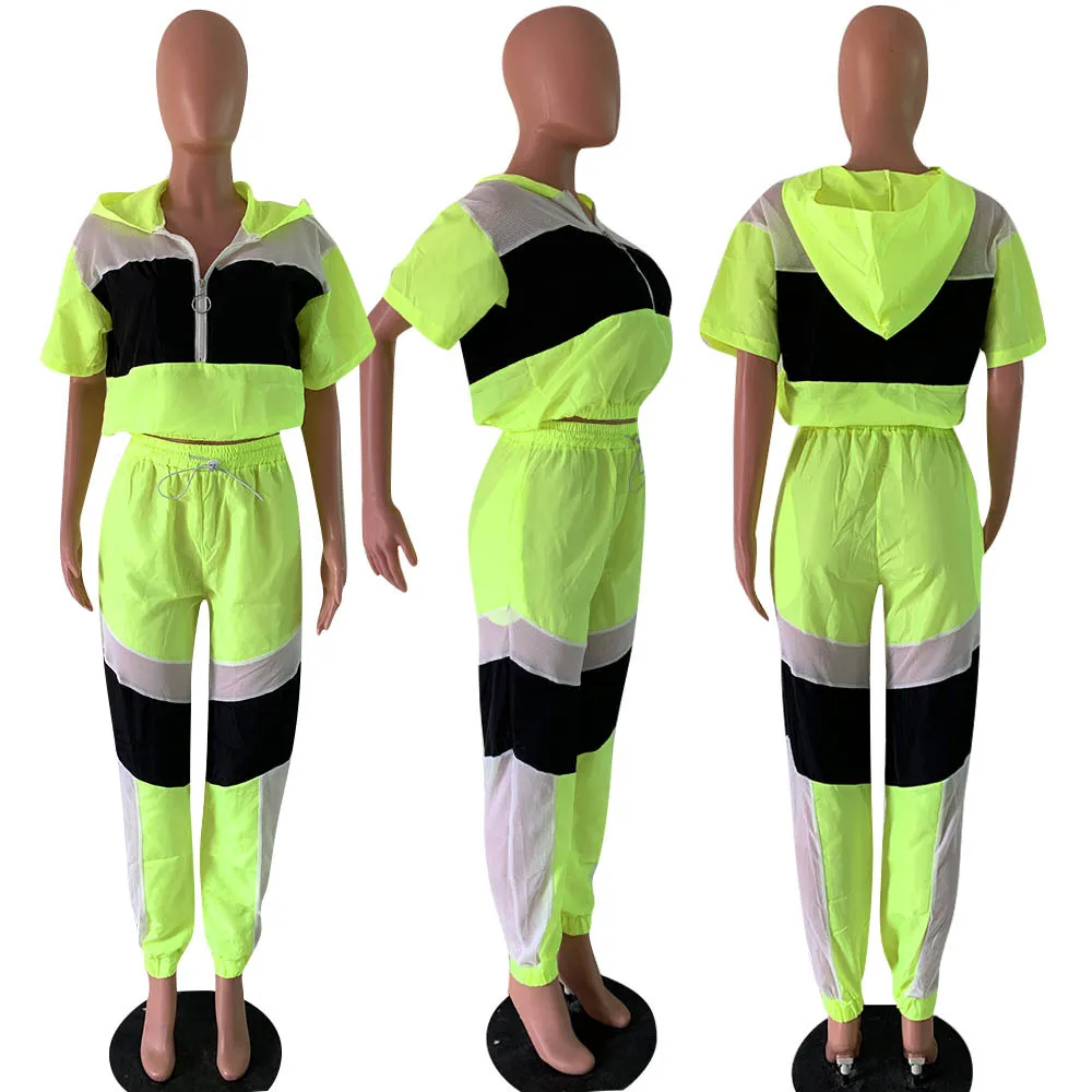 

Lugentolo Two Piece Set Top and Pants Casual Sports Stitching Mesh Zip Hooded Drawstring Streetwear 2piece Set Women