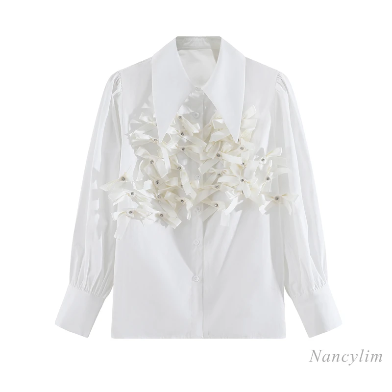 

White Shirt Women's Cloth Spring and Autumn New Loose Long Sleeve Rhinestone Bow Decoration Blouse Top Blusas Mujer De Moda 2021