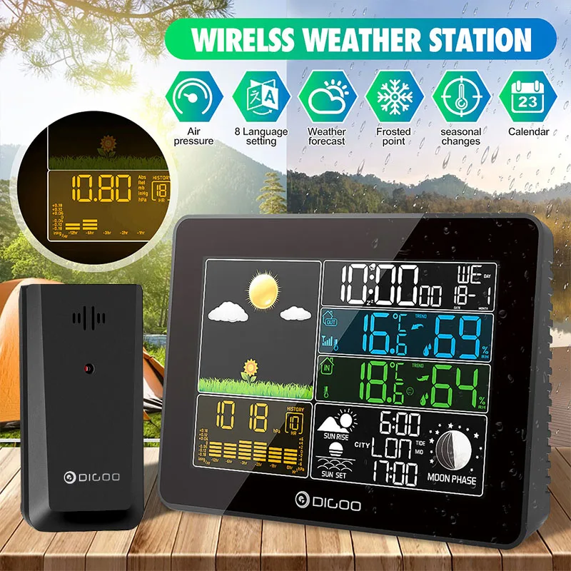 

DIGOO DG-TH8868 Weather Station LCD Indoor Outdoor Thermometer Humidity Snooze Alarm Clock Sunrise Sunset Calendar Forecast