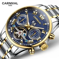 carnival tourbillon full stainless steel watch for men luxury automatic mechanical watch reloj hombre waterproof relogio