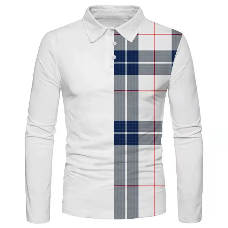 

2021 European And American New Trend Autumn Men's Plaid Button Lapel Long-Sleeved T-Shirt Loose POLO Shirt T-Shirt