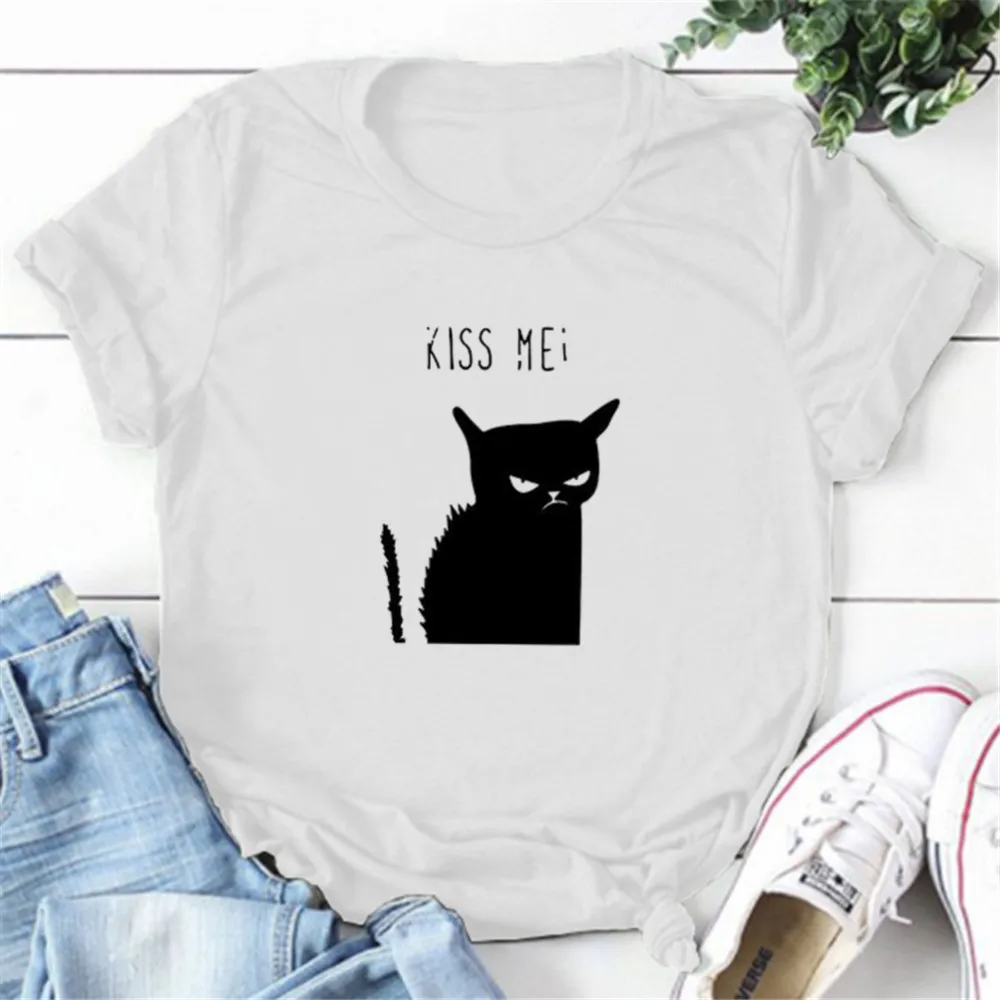 

Summer Tops Women T-shirt Cute Cat Letter Print TShirt Graphic Shirt Harajuku Short Sleeve Basic Tees