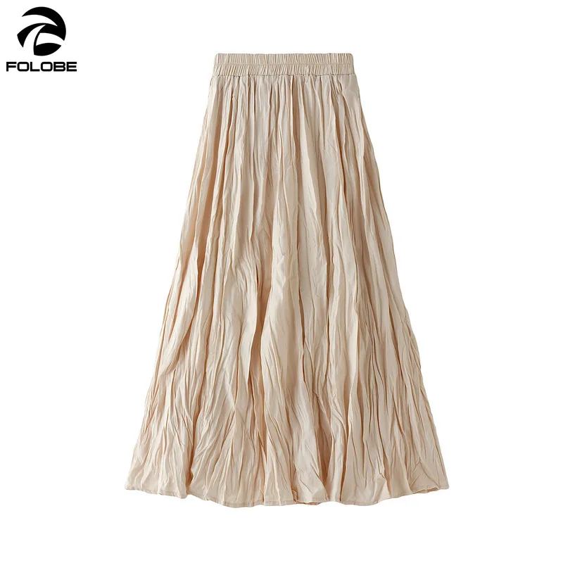 

FOLOBE 2020 New Spring Autumn Korean Style Pleated Skirt Women High Waist A-line Mid-Calf All Match Winter Skirt Faldas